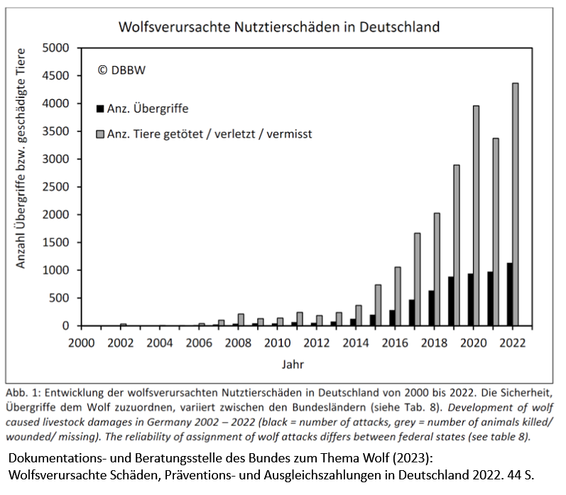 Dokumentations- und Beratungsstelle des Bundes zum Thema Wolf (2023):
Wolfsverursachte Schäden, Präventions- und Ausgleichszahlungen in Deutschland 2022. 44 S.