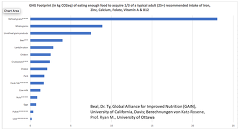 GHG Footprint (in kg C02e) of eating enough food to acquire 1/3 of a typical adult recommended intake for iron, zinc, calcium, folate, Vit A und B (chart of Katz-Rosene, Prof. Ryan M. based on studies of Beal, Dr. Ty, Global Alliance for Improved Nutrition (GAIN)